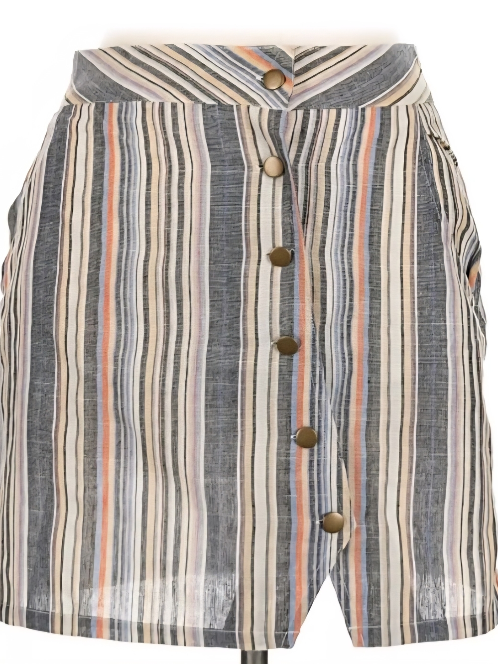 High-Waist Striped Button-Front Mini Skirt in Gray, Cream & Coral